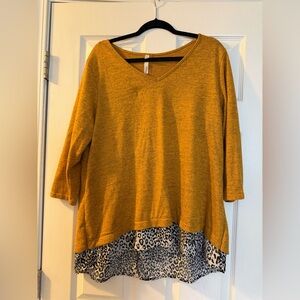 NY Collection Mustard V-Neck Tunic with Leopard Print Hem
